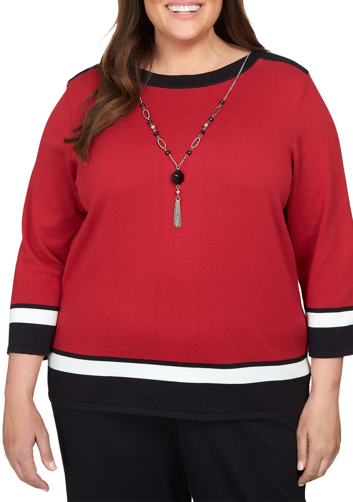 Plus Size Border Stripe Sweater with Detachable Necklace