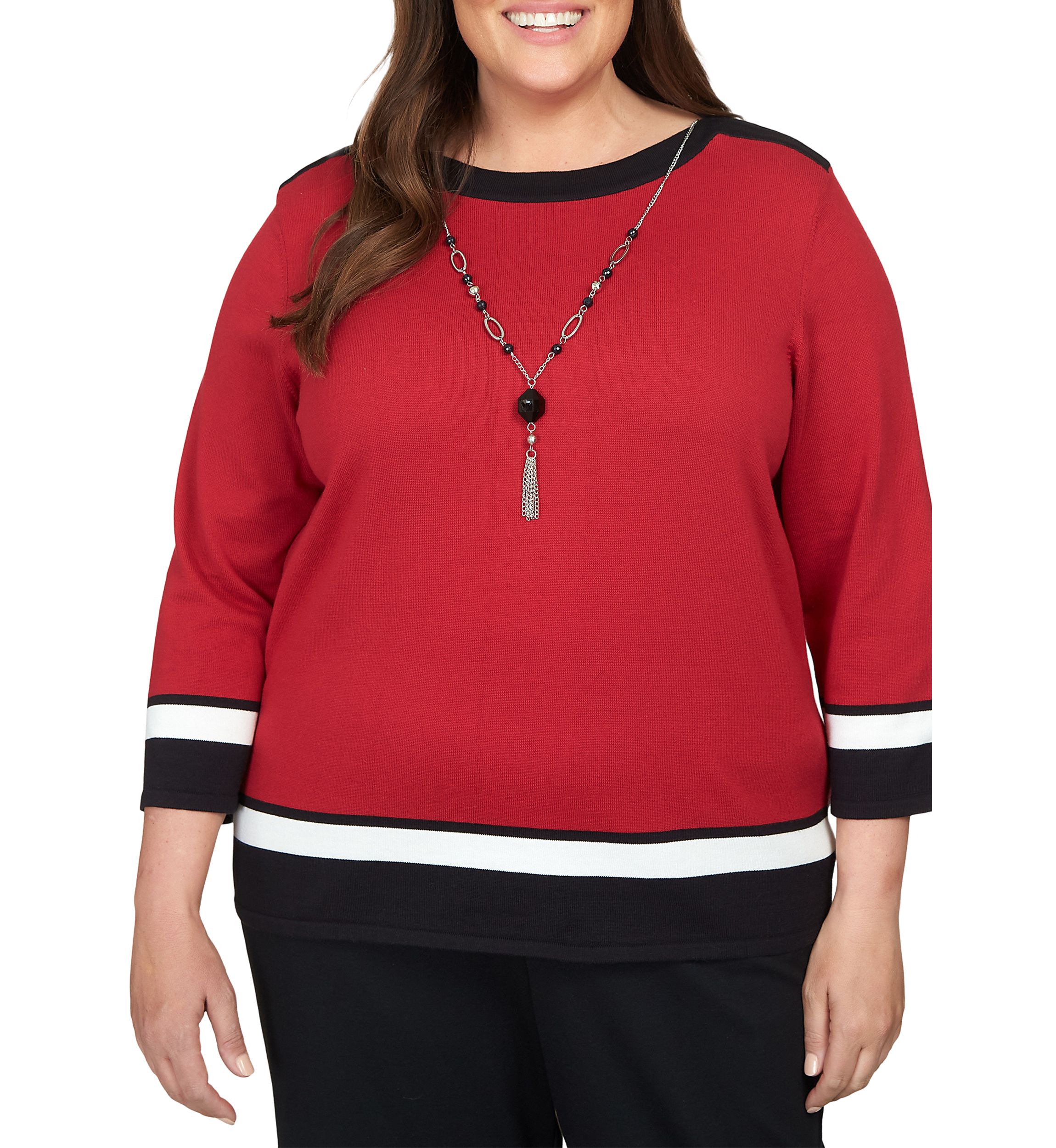 Plus Size Border Stripe Sweater with Detachable Necklace