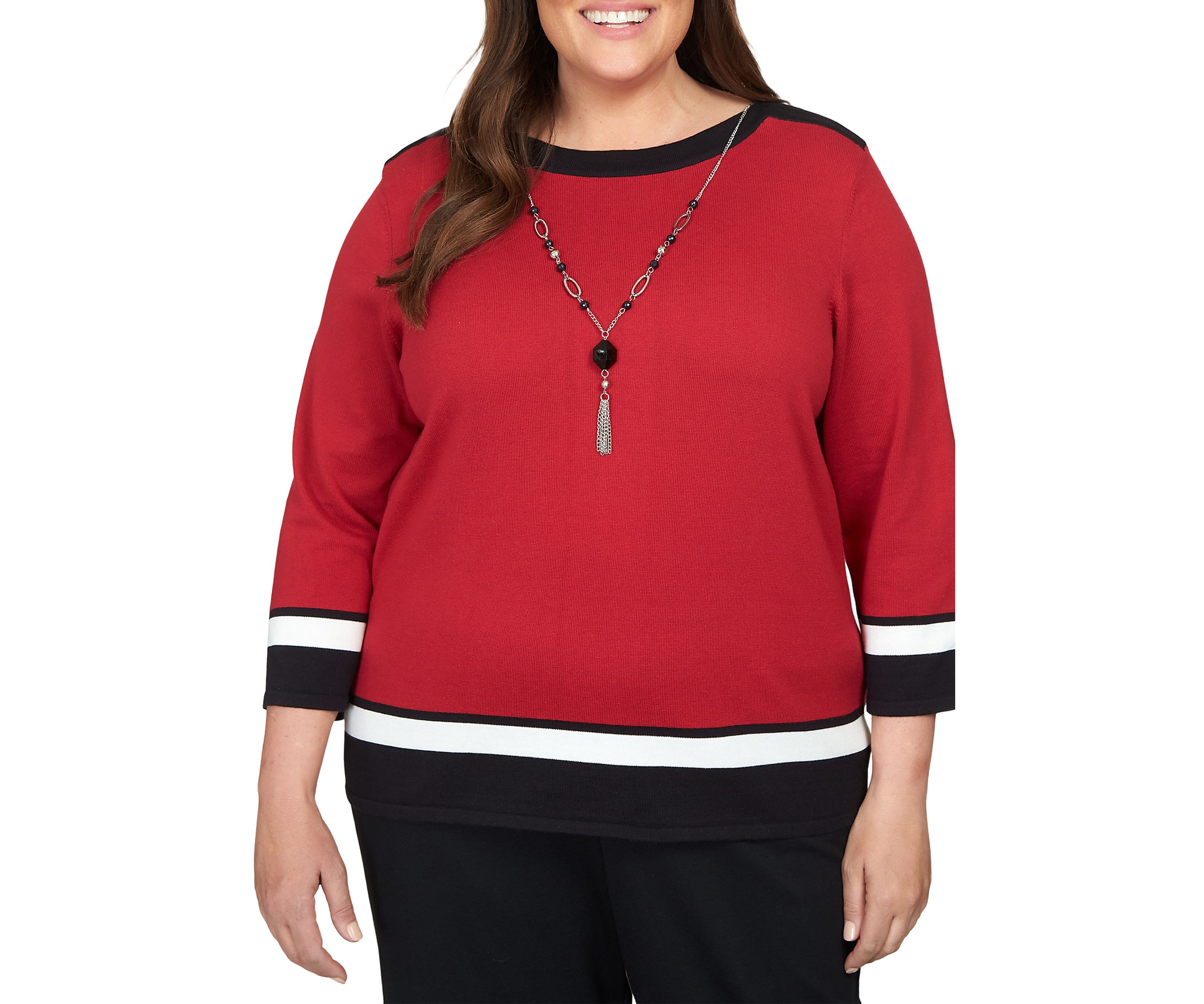 Plus Size Border Stripe Sweater with Detachable Necklace