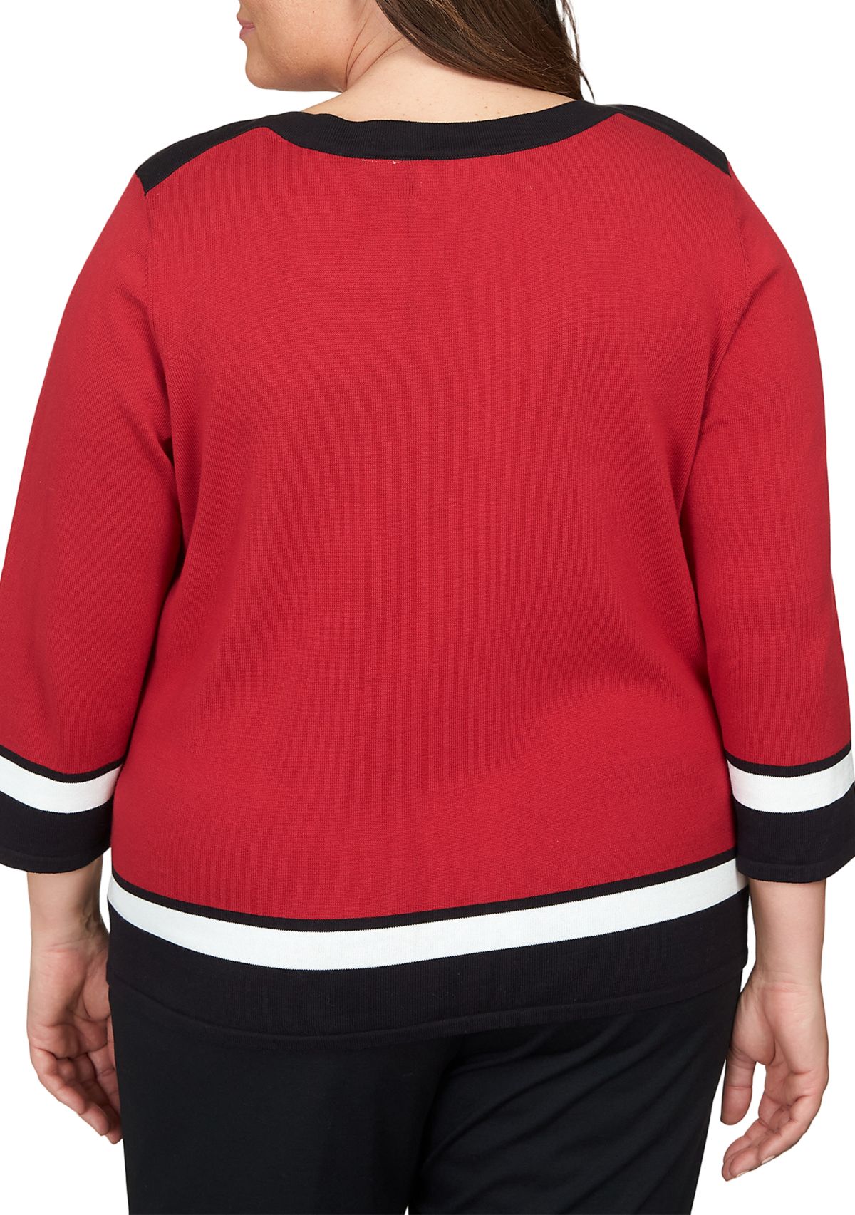 Plus Size Border Stripe Sweater with Detachable Necklace