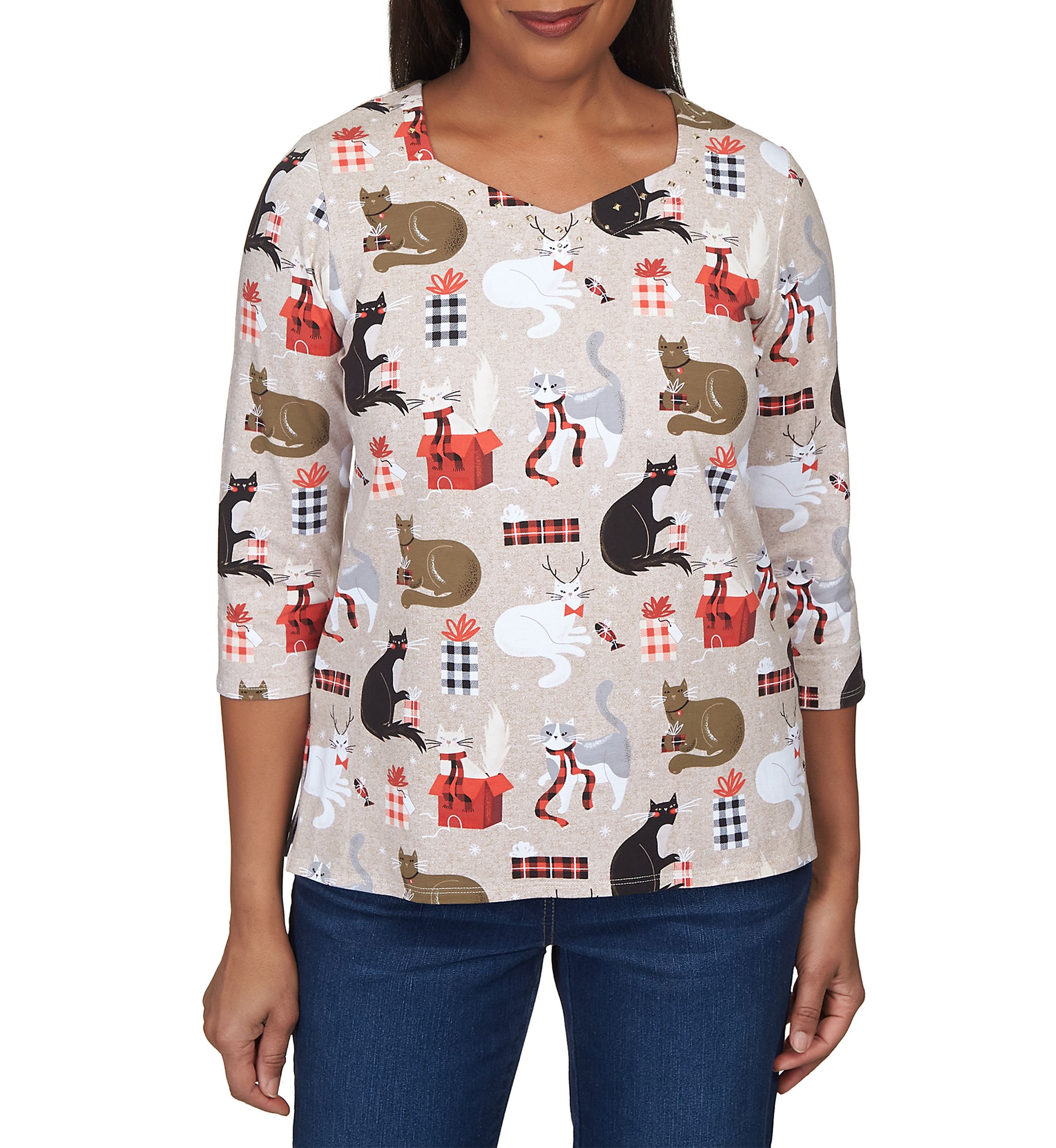 Petite Cat with Presents Knit Top