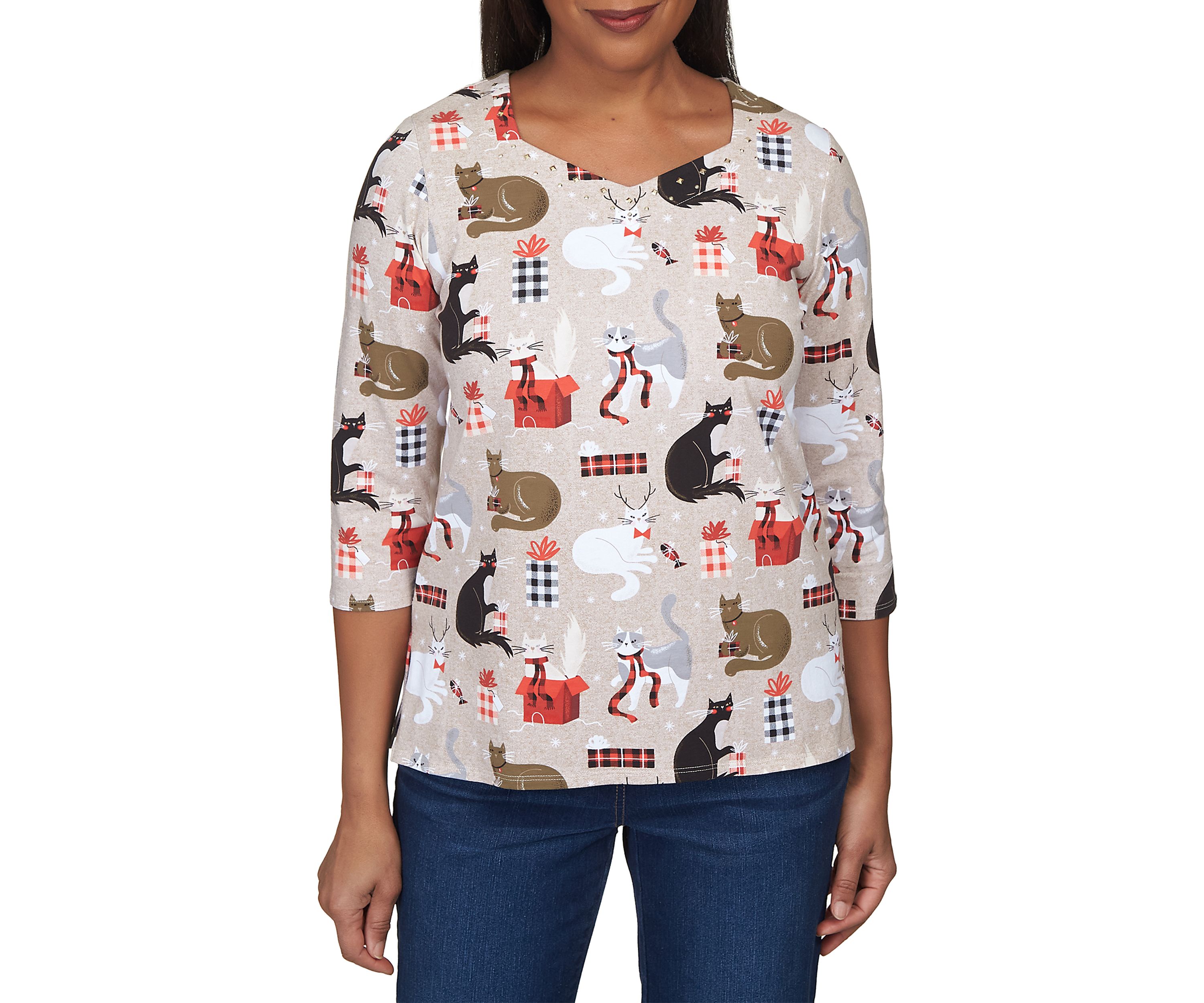 Petite Cat with Presents Knit Top