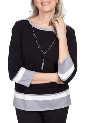 Petite Classics Border Stripe Top with Necklace