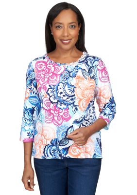 Women's 3/4 Sleeve Batik Floral Print T-Shirt