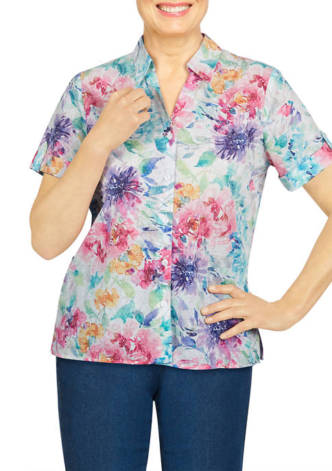 Alfred Dunner Womens Classics Floral Burnout Shirt