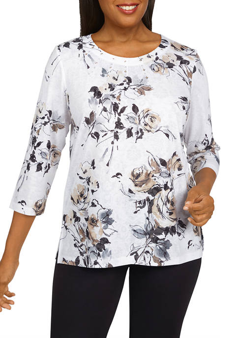 Alfred Dunner Womens Classics Floral Bouquet Knit Top