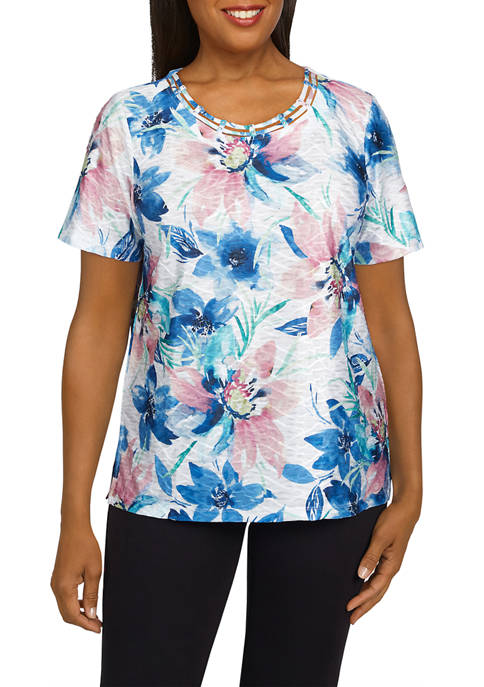 Alfred Dunner Womens Classics Short Sleeve Floral Texture