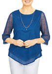 Womens Classics Popcorn Knit Mesh Top with Necklace