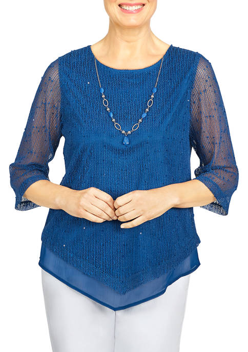 Womens Classics Popcorn Knit Mesh Top with Necklace