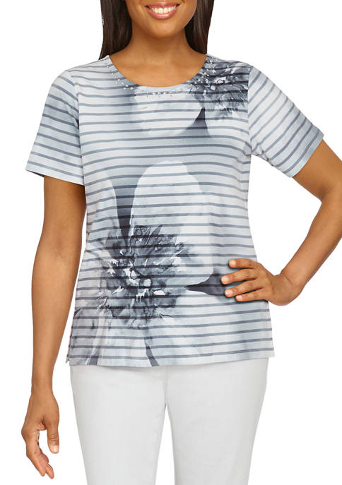 Alfred Dunner Plus Size Short Sleeve Floral Striped