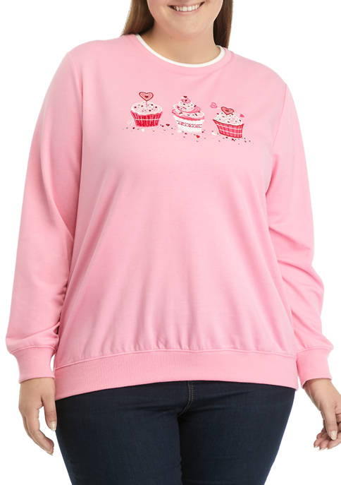 Plus Size Classics Long Sleeve Cupcakes Graphic Pullover 