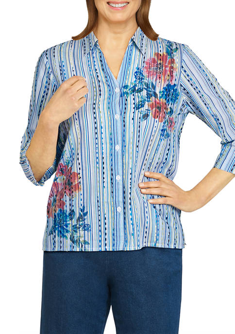 Alfred Dunner Petite Classics 3/4 Sleeve Striped Floral
