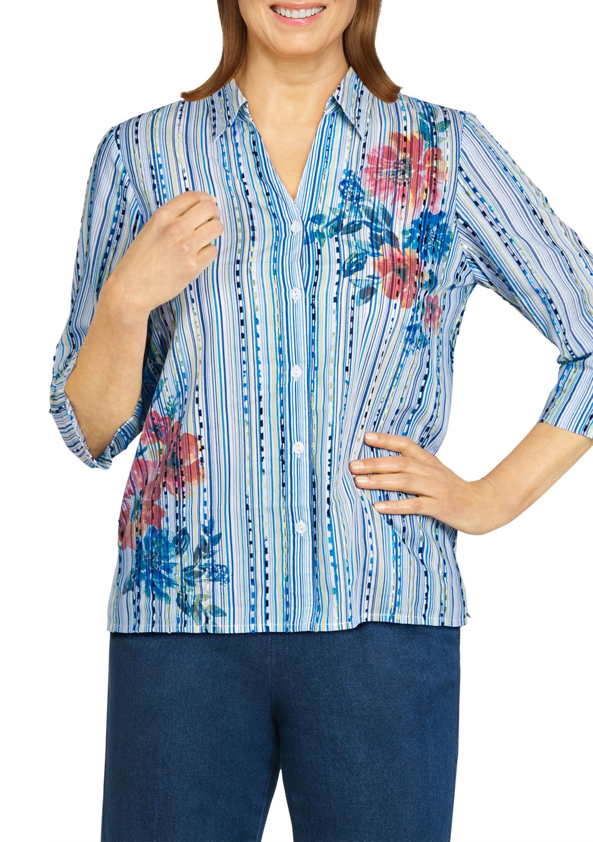 Petite Classics 3/4 Sleeve Striped Floral Top