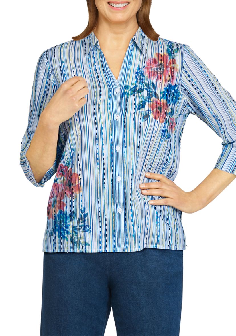 Petite Classics 3/4 Sleeve Striped Floral Top