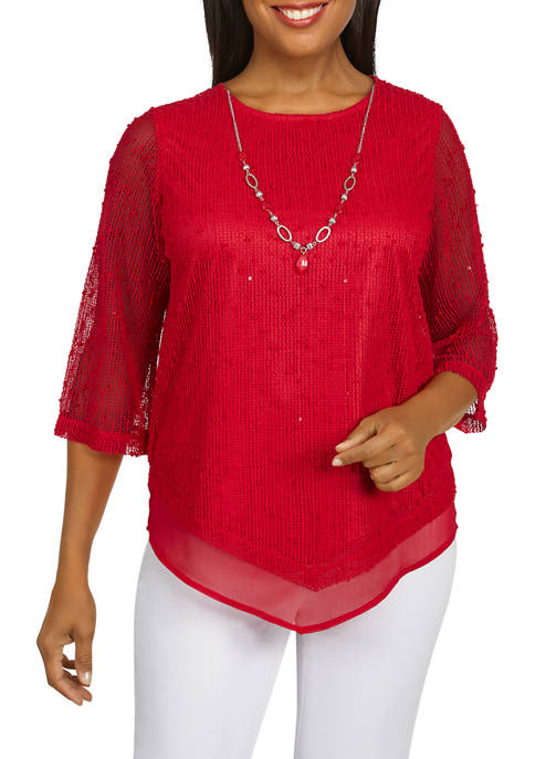 Petite Classics Popcorn Knit Mesh Top with Necklace