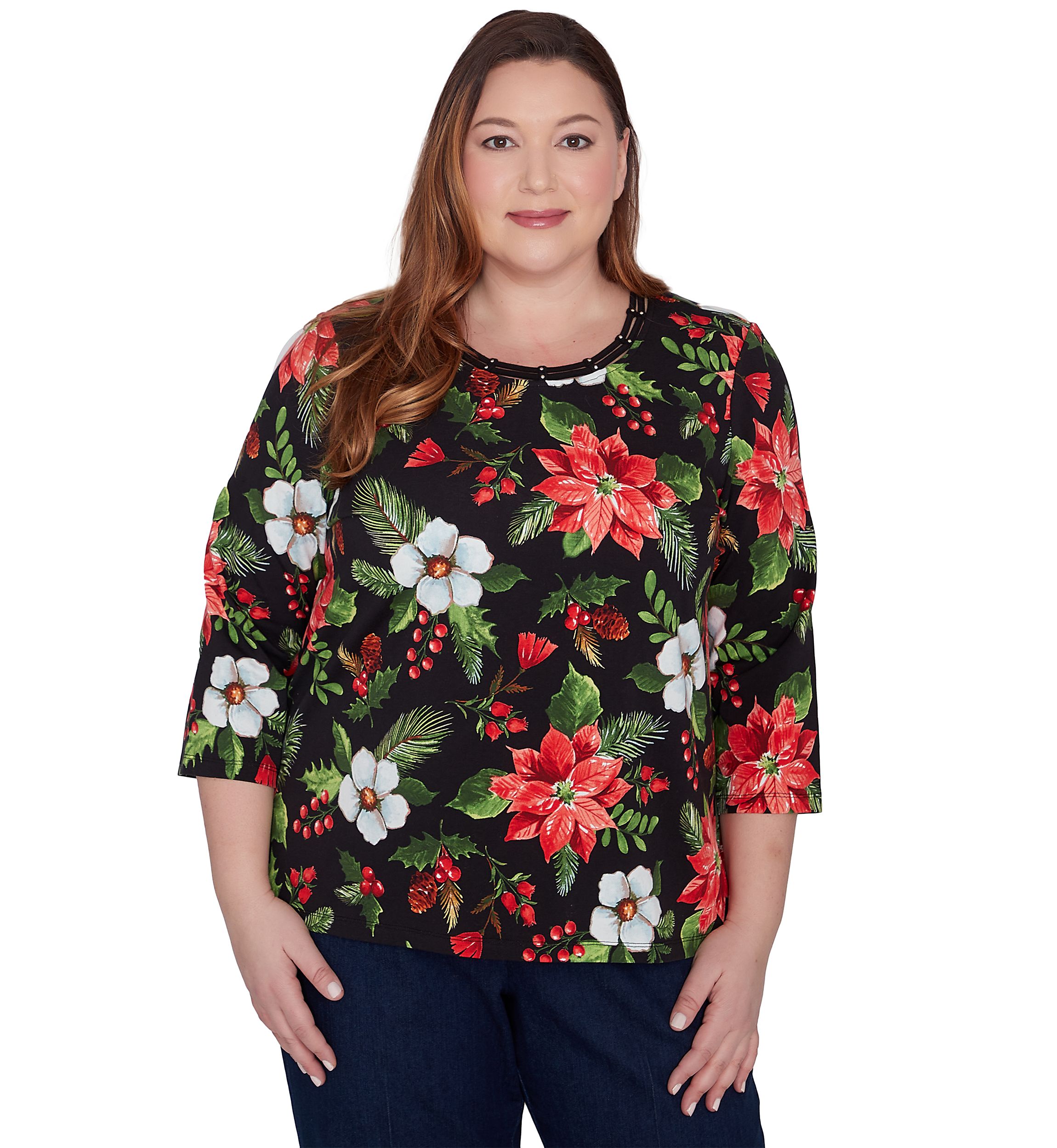 Plus Size Classic Poinsettia Printed Top