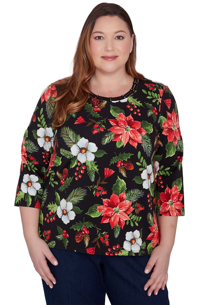 Plus Size Classic Poinsettia Printed Top