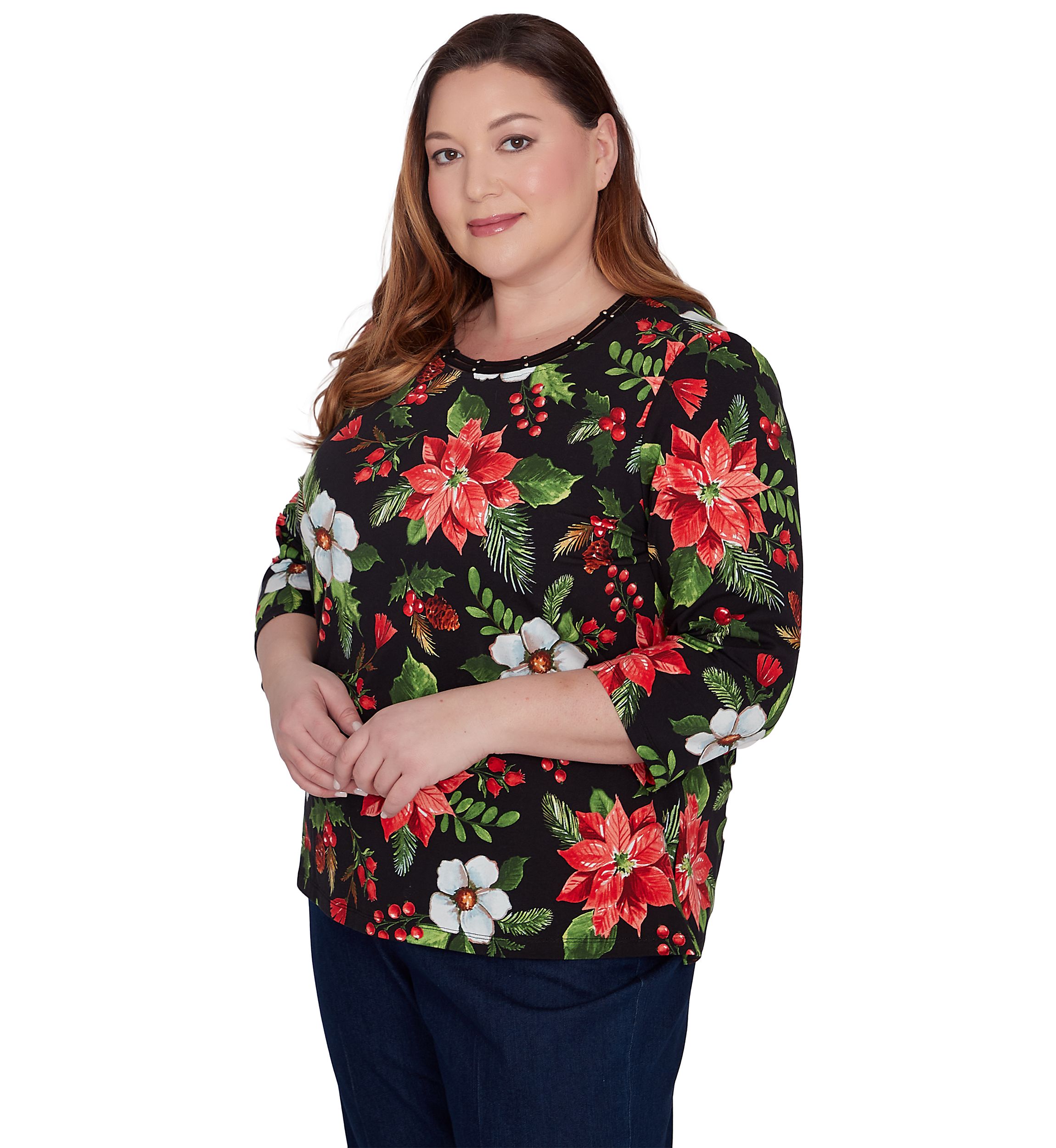 Plus Size Classic Poinsettia Printed Top