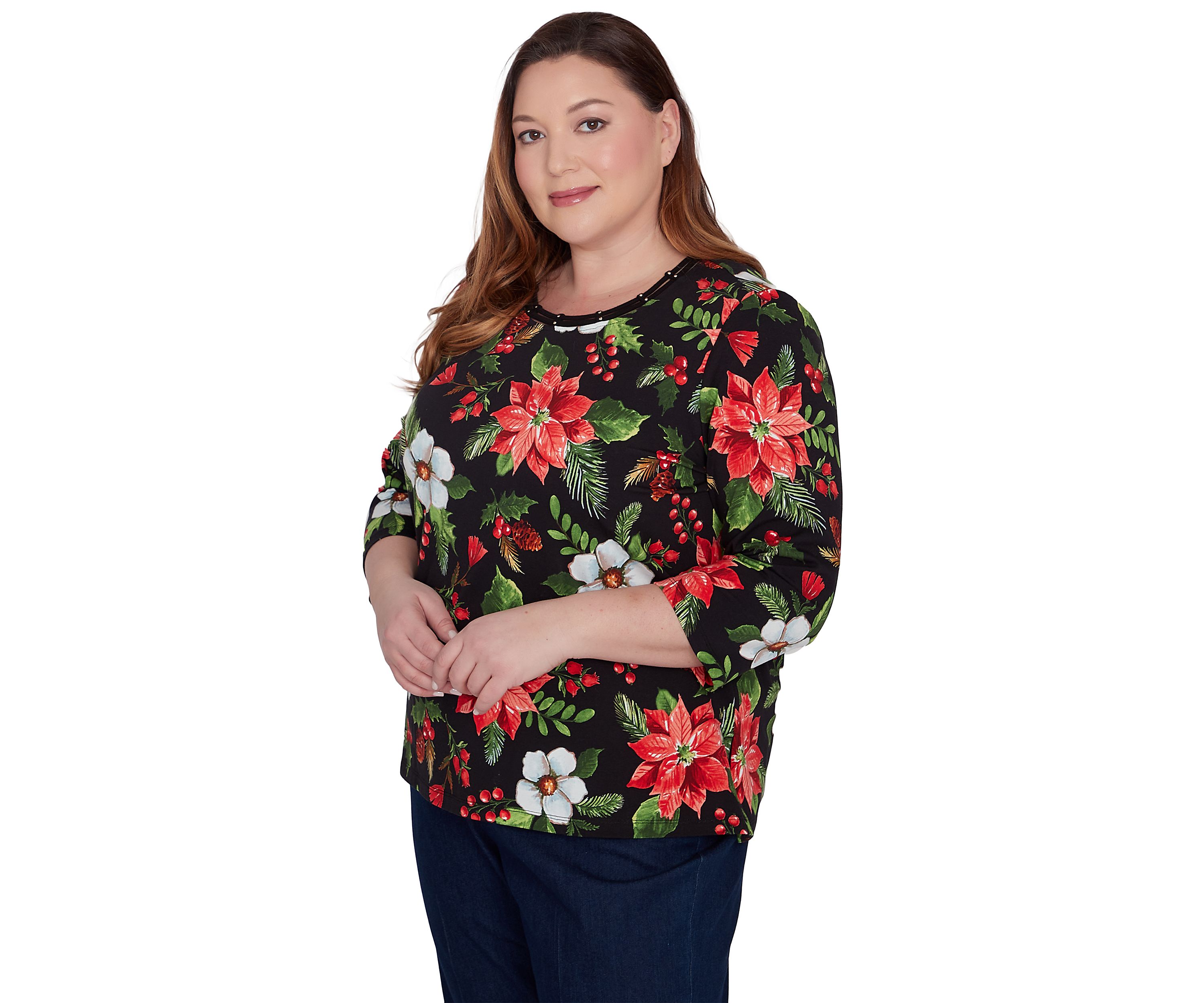 Plus Size Classic Poinsettia Printed Top