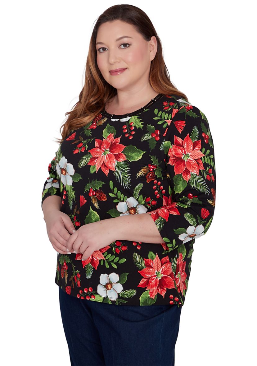 Plus Size Classic Poinsettia Printed Top