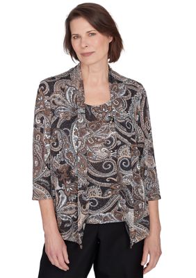 Alfred Dunner Women's Petite Classics Paisley Lurex Two in One Sweater