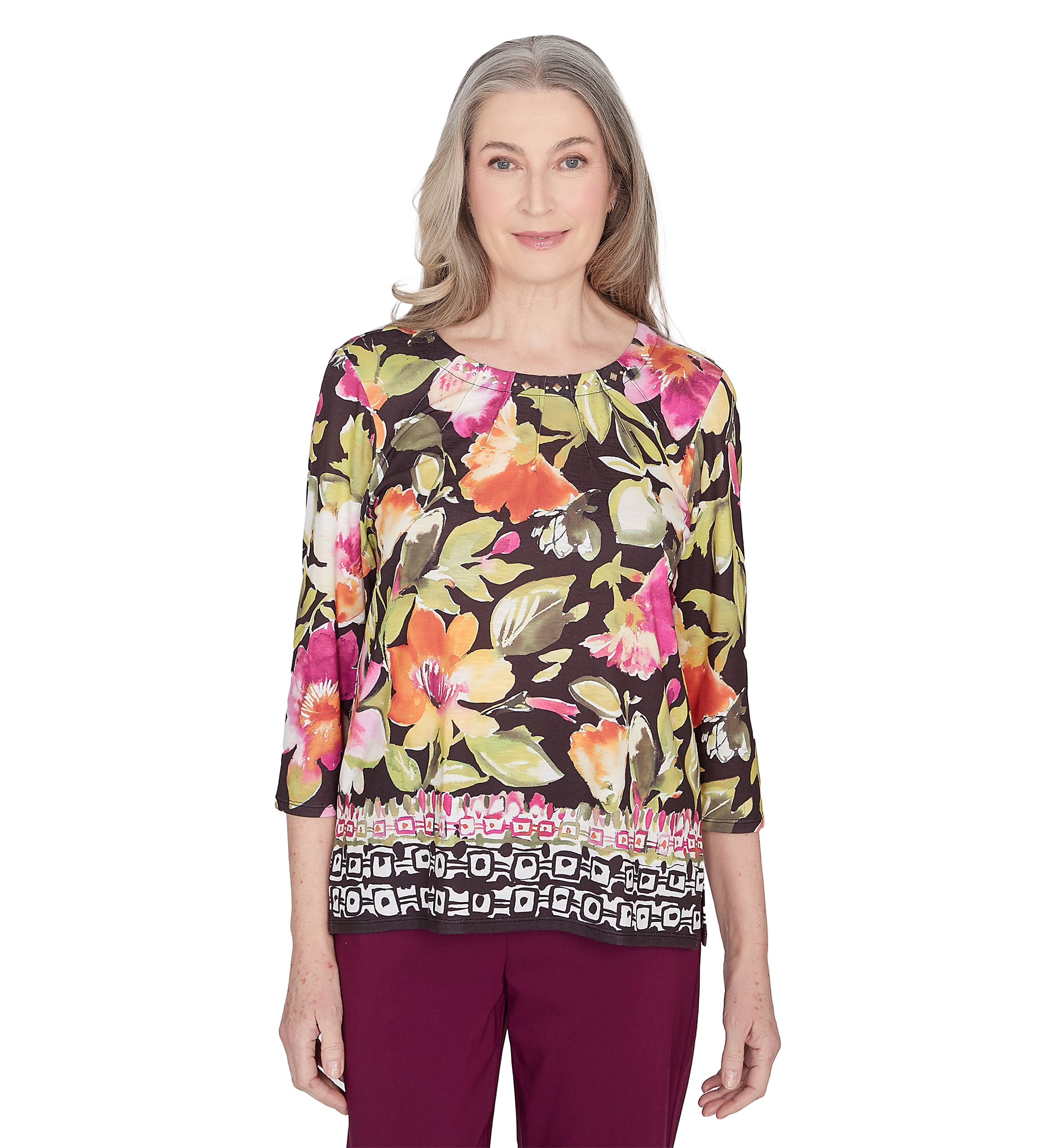 Womens Classics Floral Geo Border Top