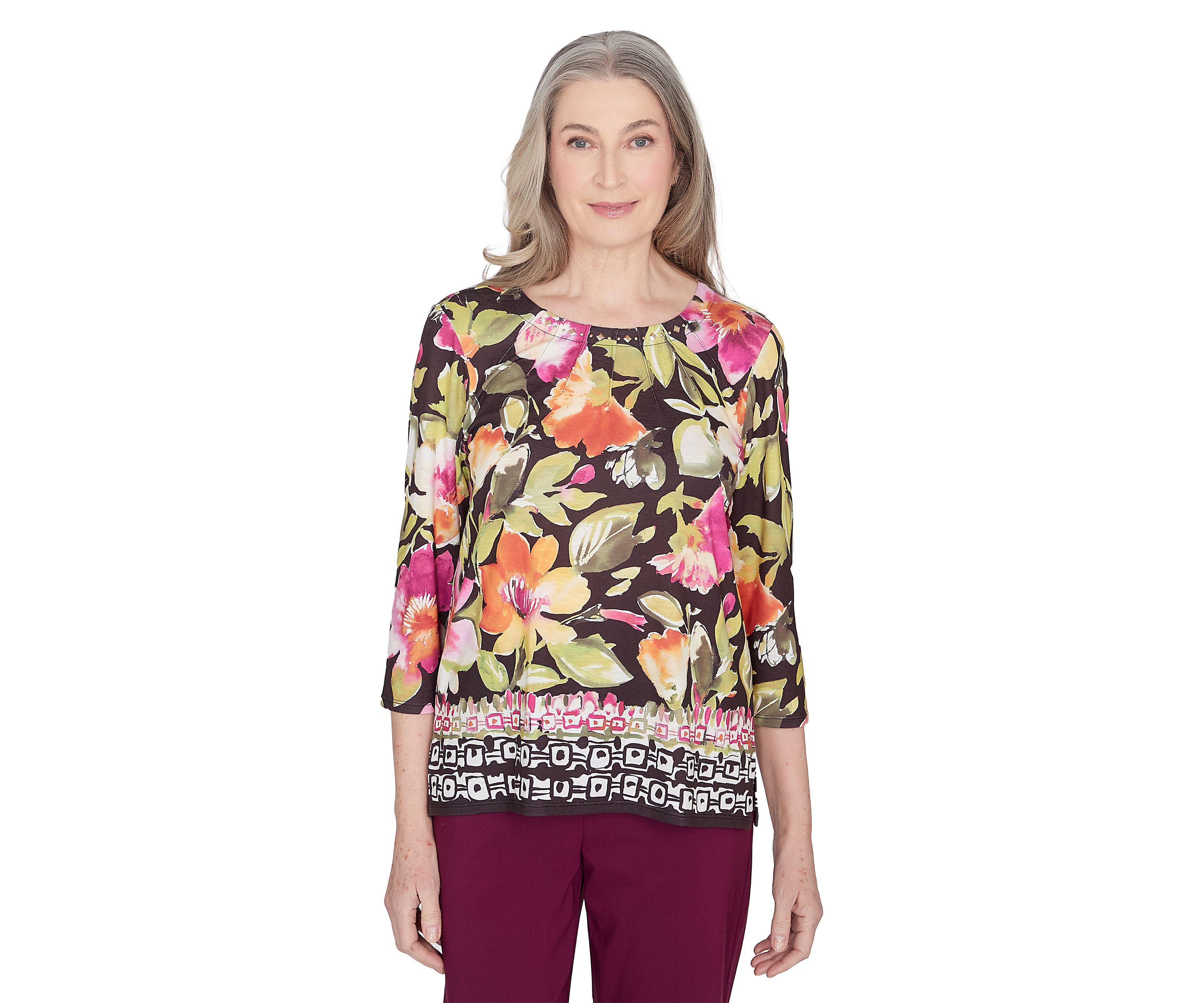 Womens Classics Floral Geo Border Top