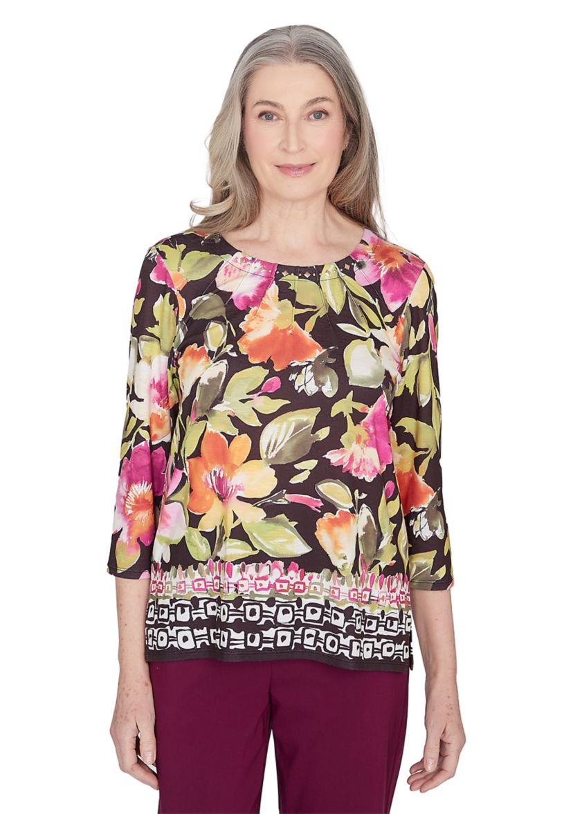 Womens Classics Floral Geo Border Top