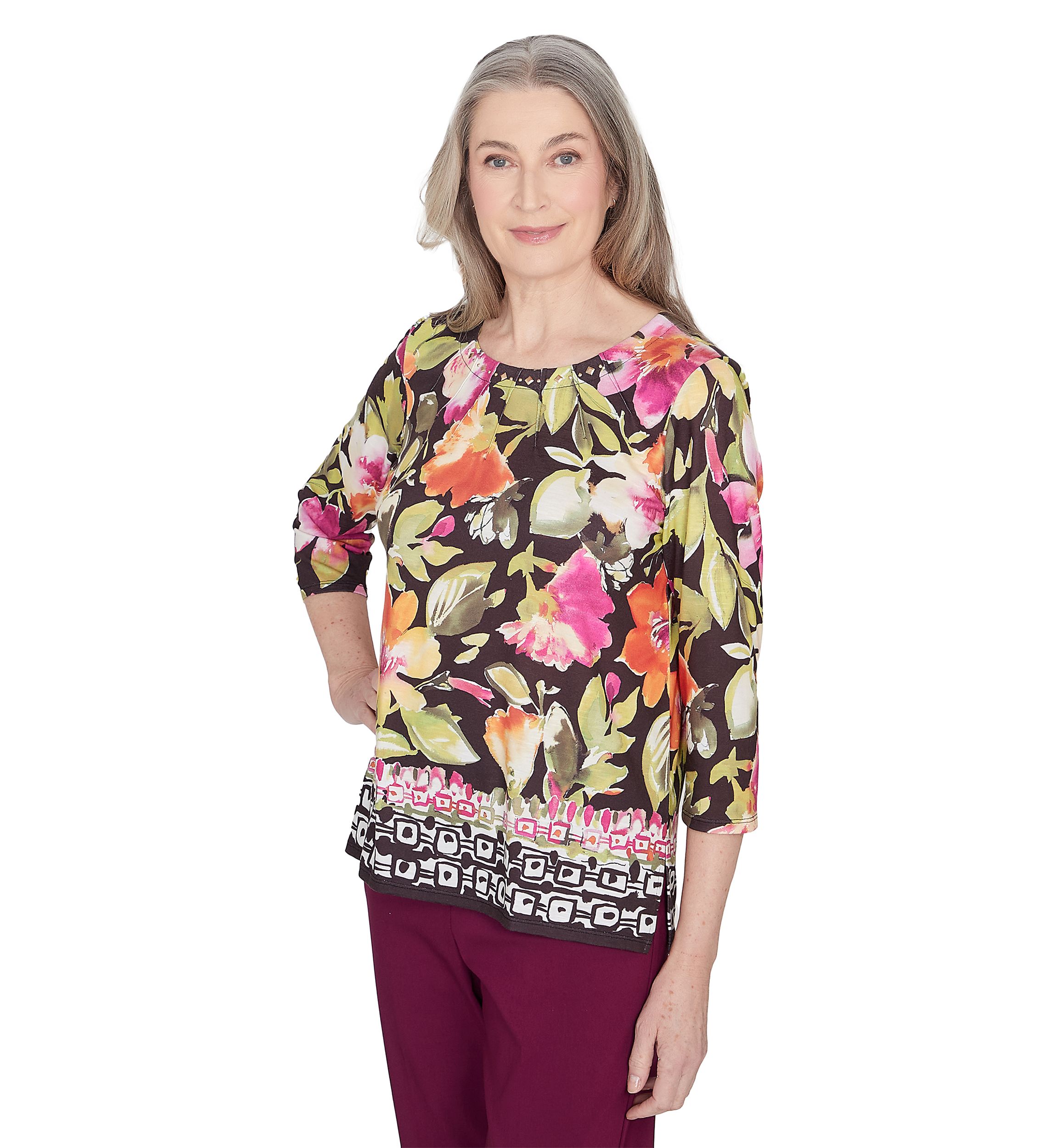Womens Classics Floral Geo Border Top