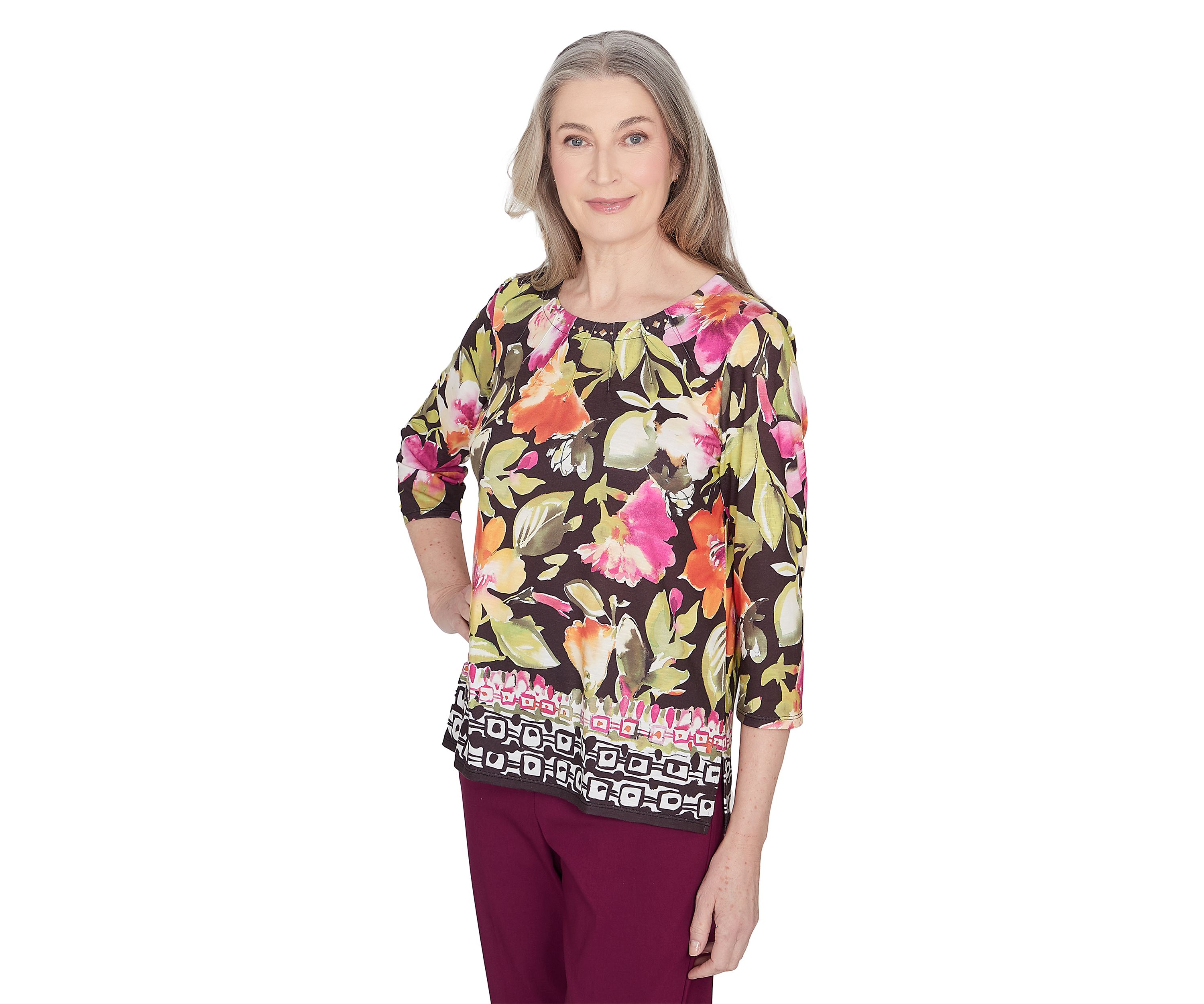 Womens Classics Floral Geo Border Top