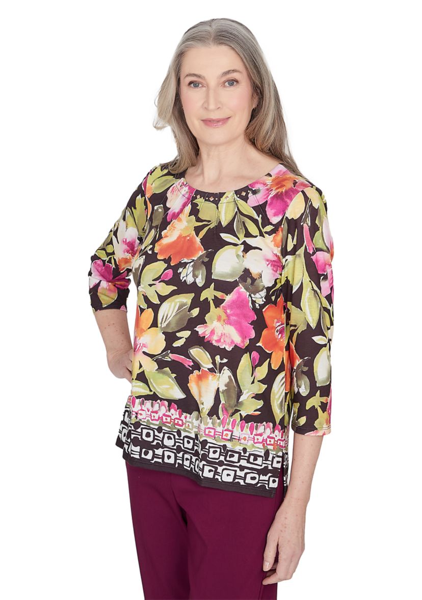 Womens Classics Floral Geo Border Top