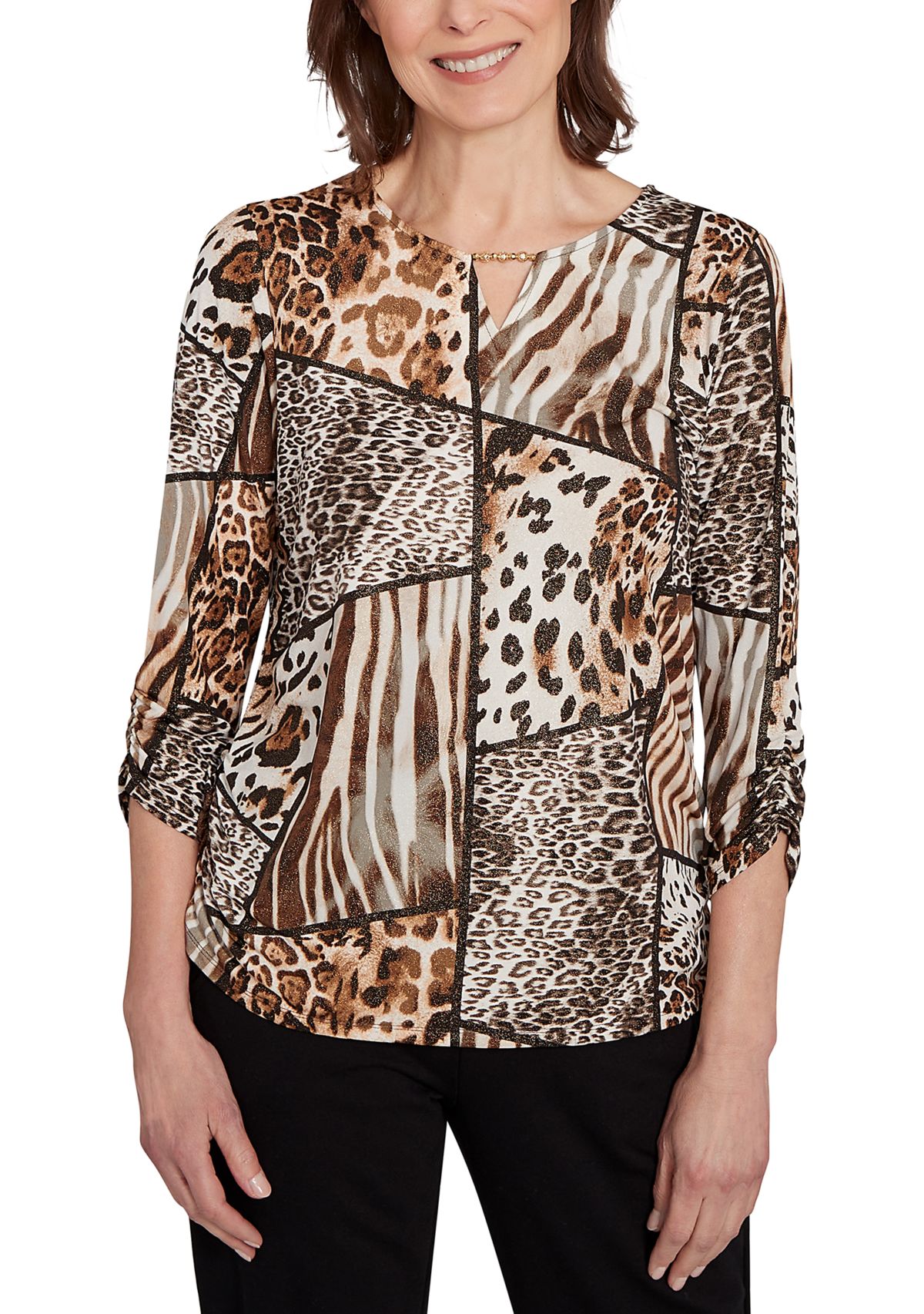 Womens Animal Color-Block Puff Print Top