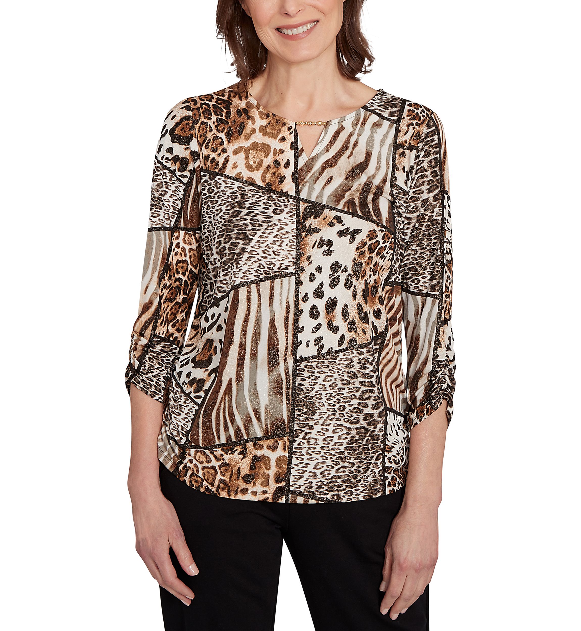 Womens Animal Color-Block Puff Print Top