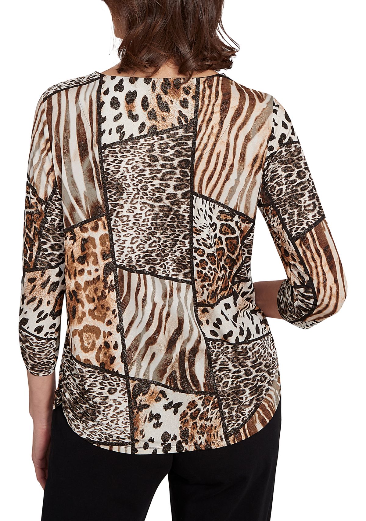 Womens Animal Color-Block Puff Print Top