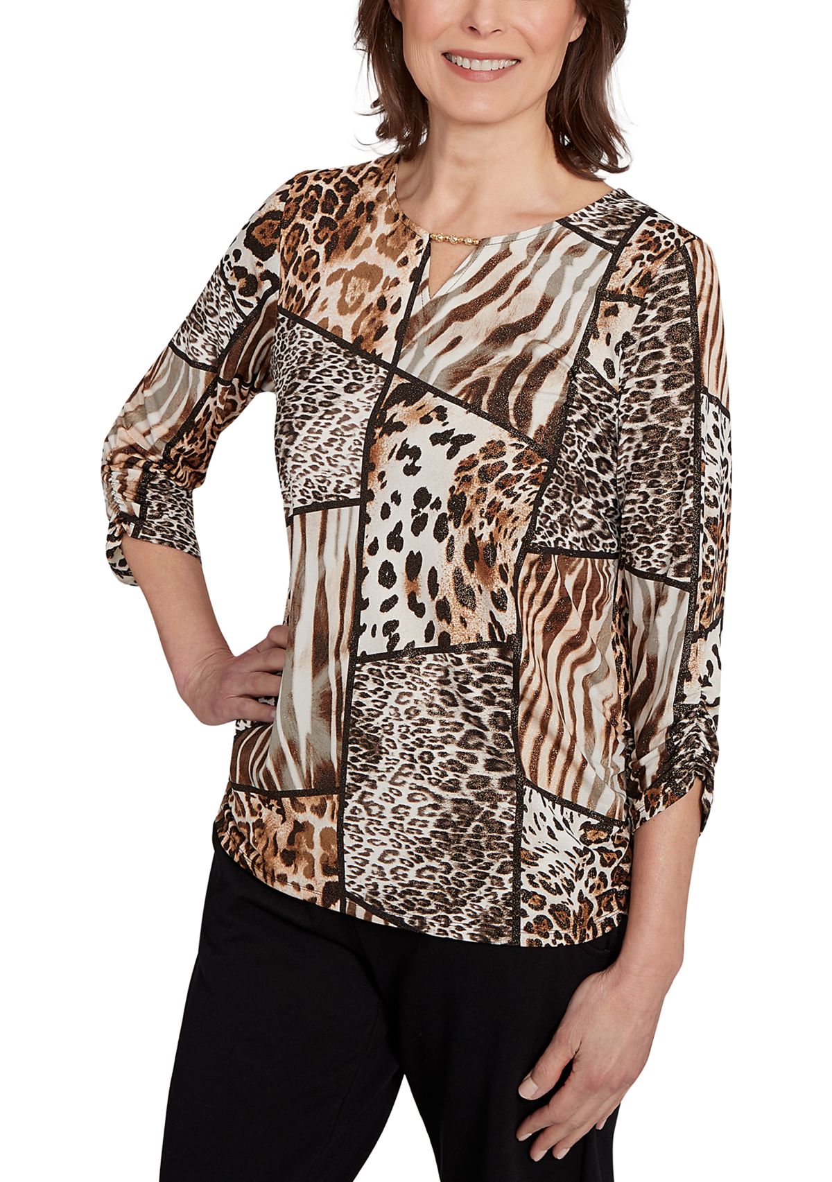 Womens Animal Color-Block Puff Print Top