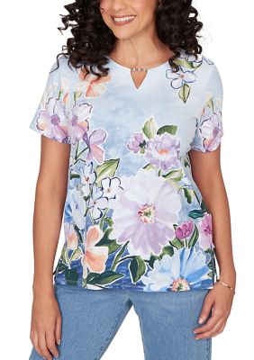 Alfred Dunner Women's Watercolor Floral Print T-Shirt, Blue, Large