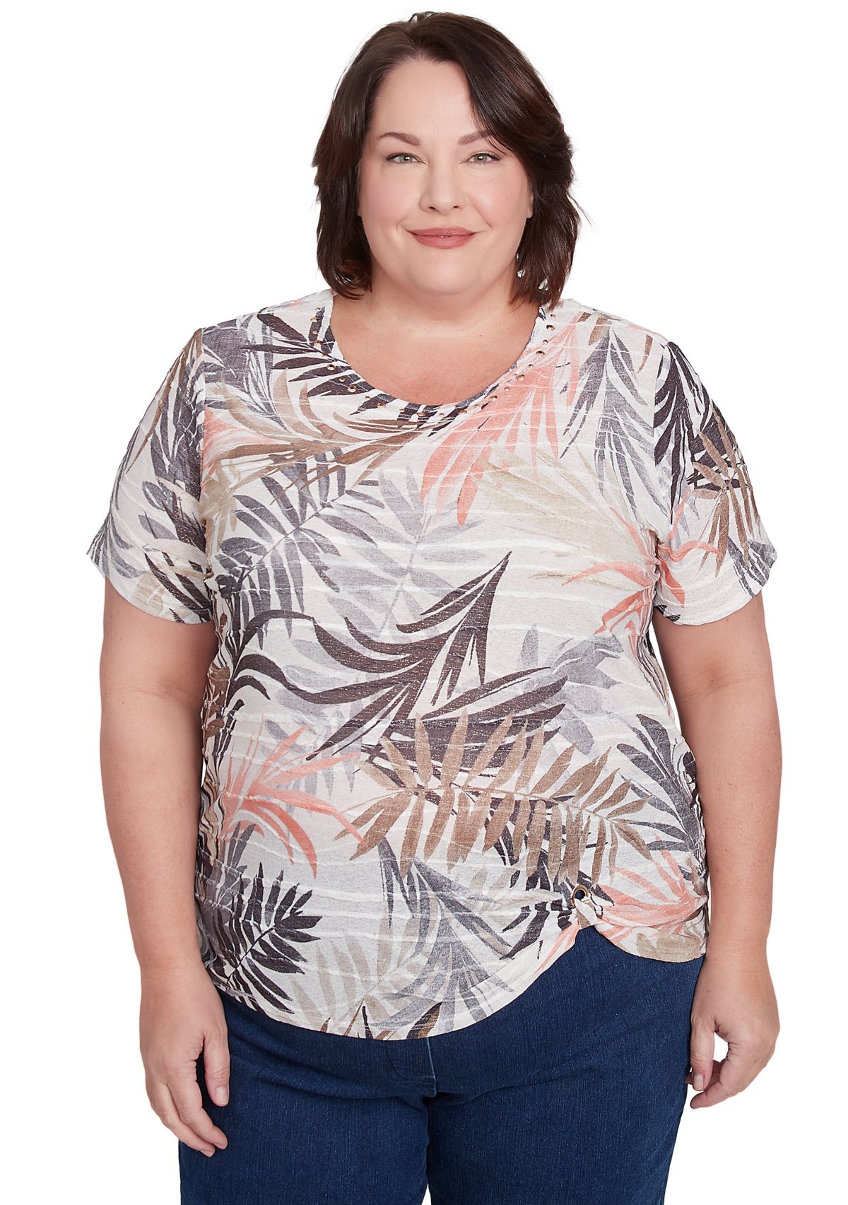 Plus Size Key Palm Leaves Printed Top 