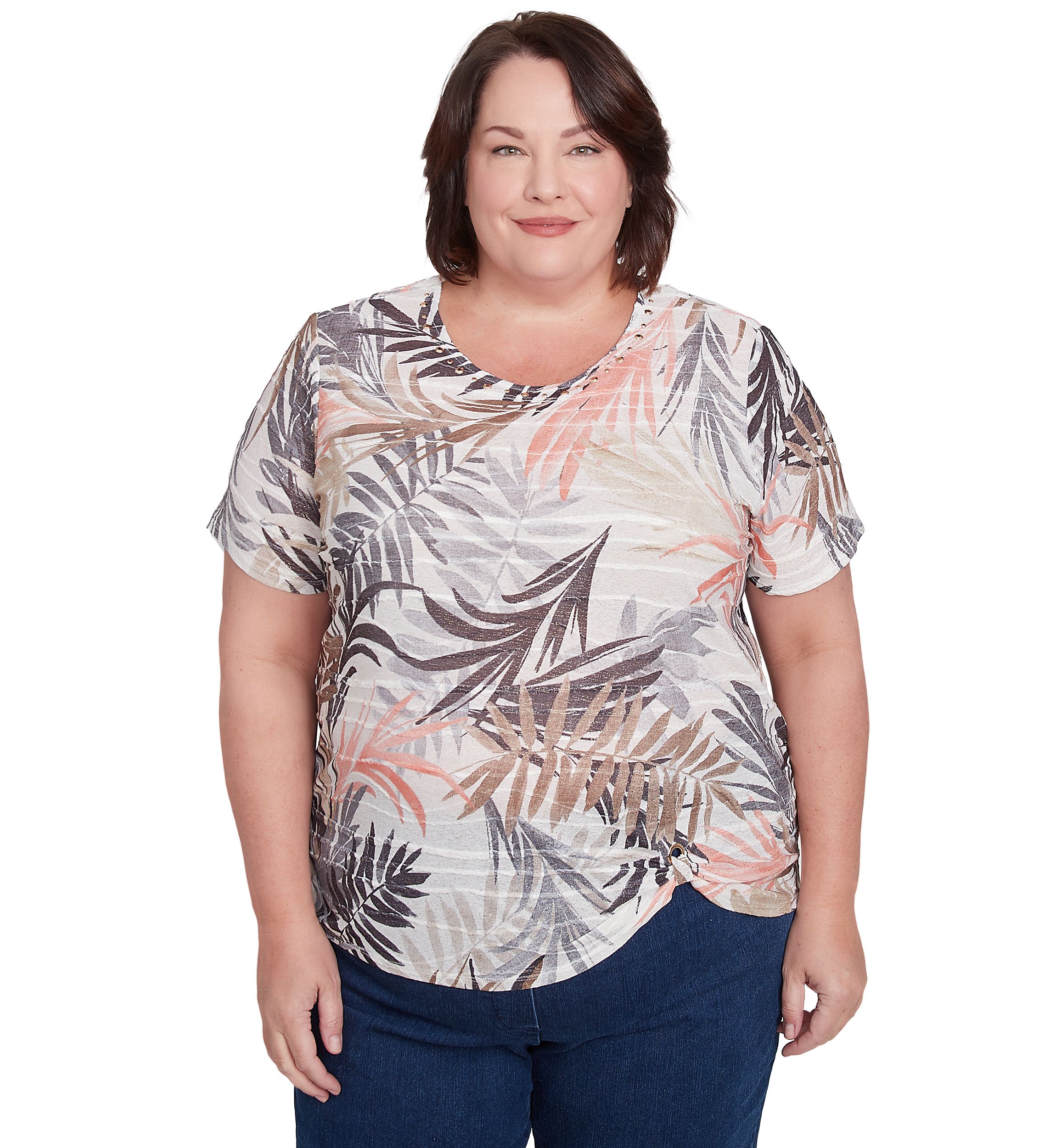 Plus Size Key Palm Leaves Printed Top 
