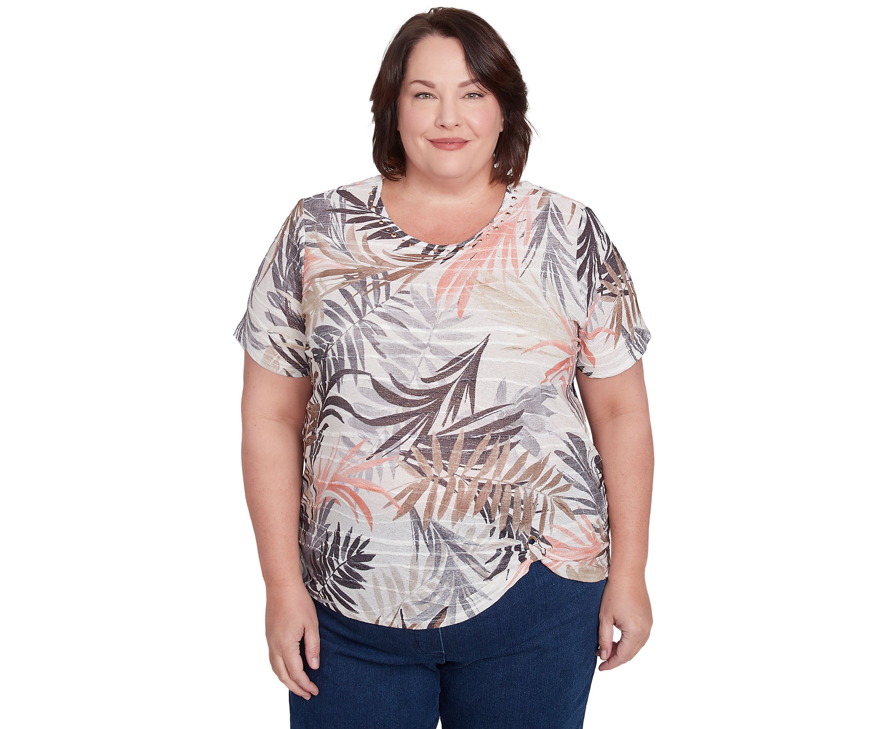 Plus Size Key Palm Leaves Printed Top 