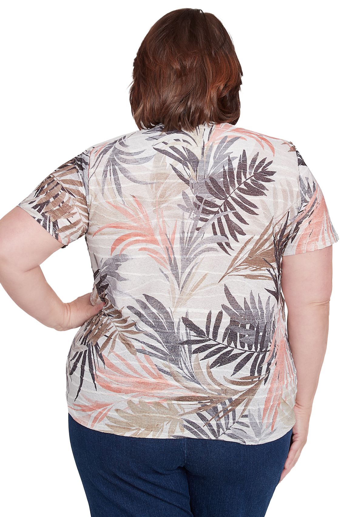 Plus Size Key Palm Leaves Printed Top 