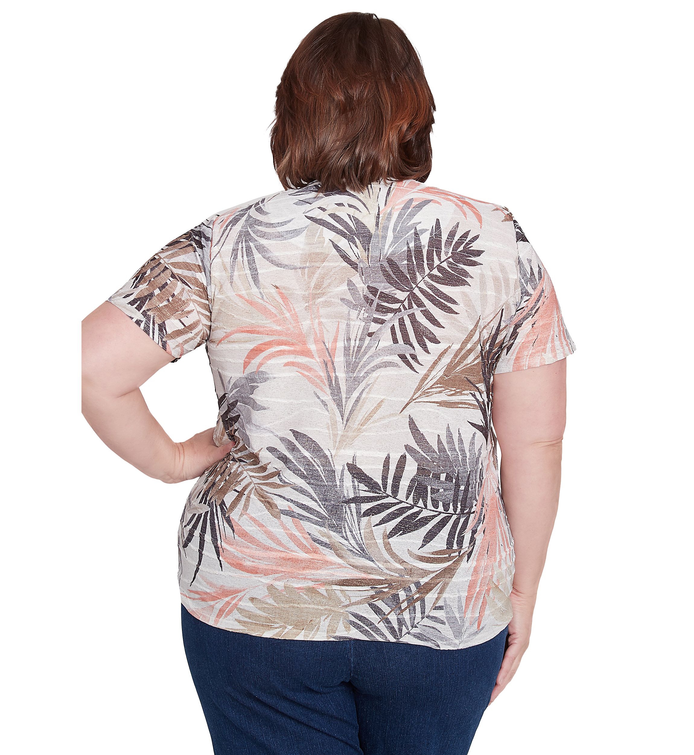 Plus Size Key Palm Leaves Printed Top 