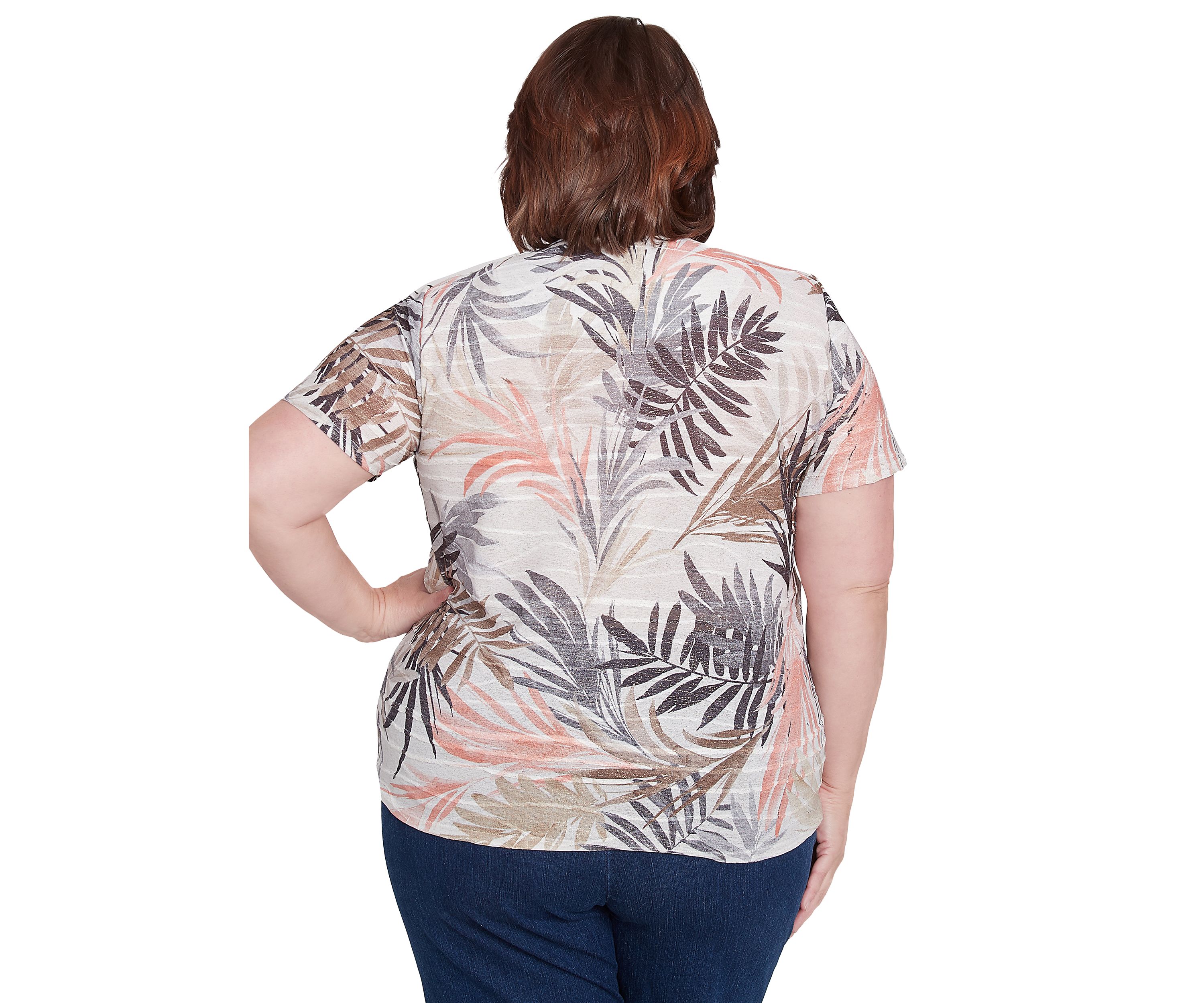 Plus Size Key Palm Leaves Printed Top 