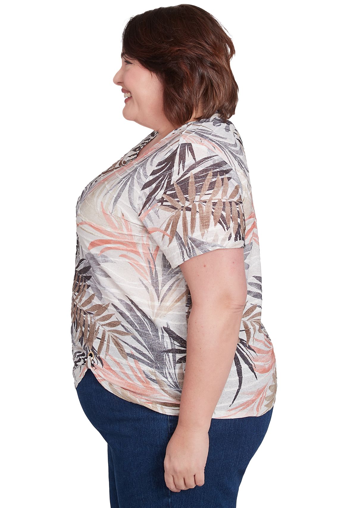 Plus Size Key Palm Leaves Printed Top 