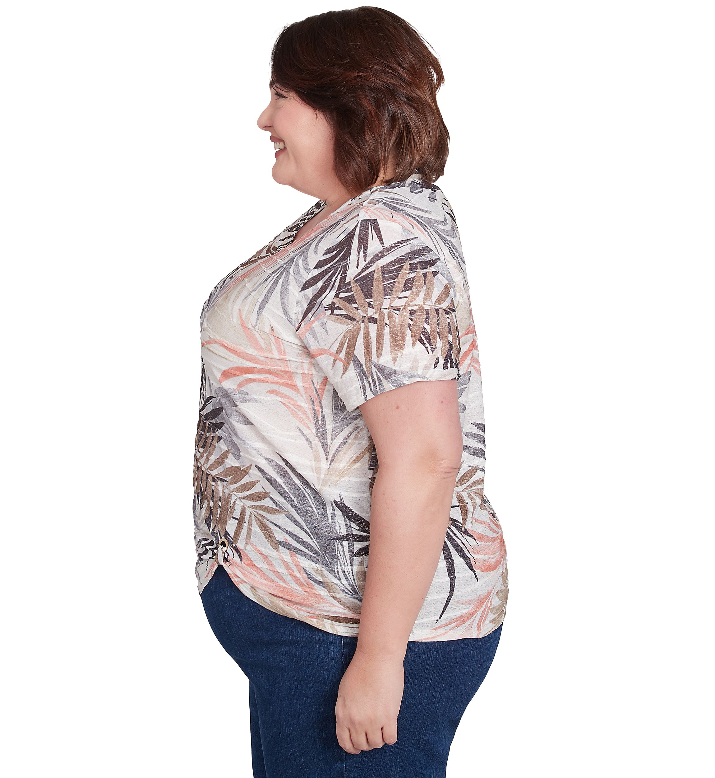 Plus Size Key Palm Leaves Printed Top 