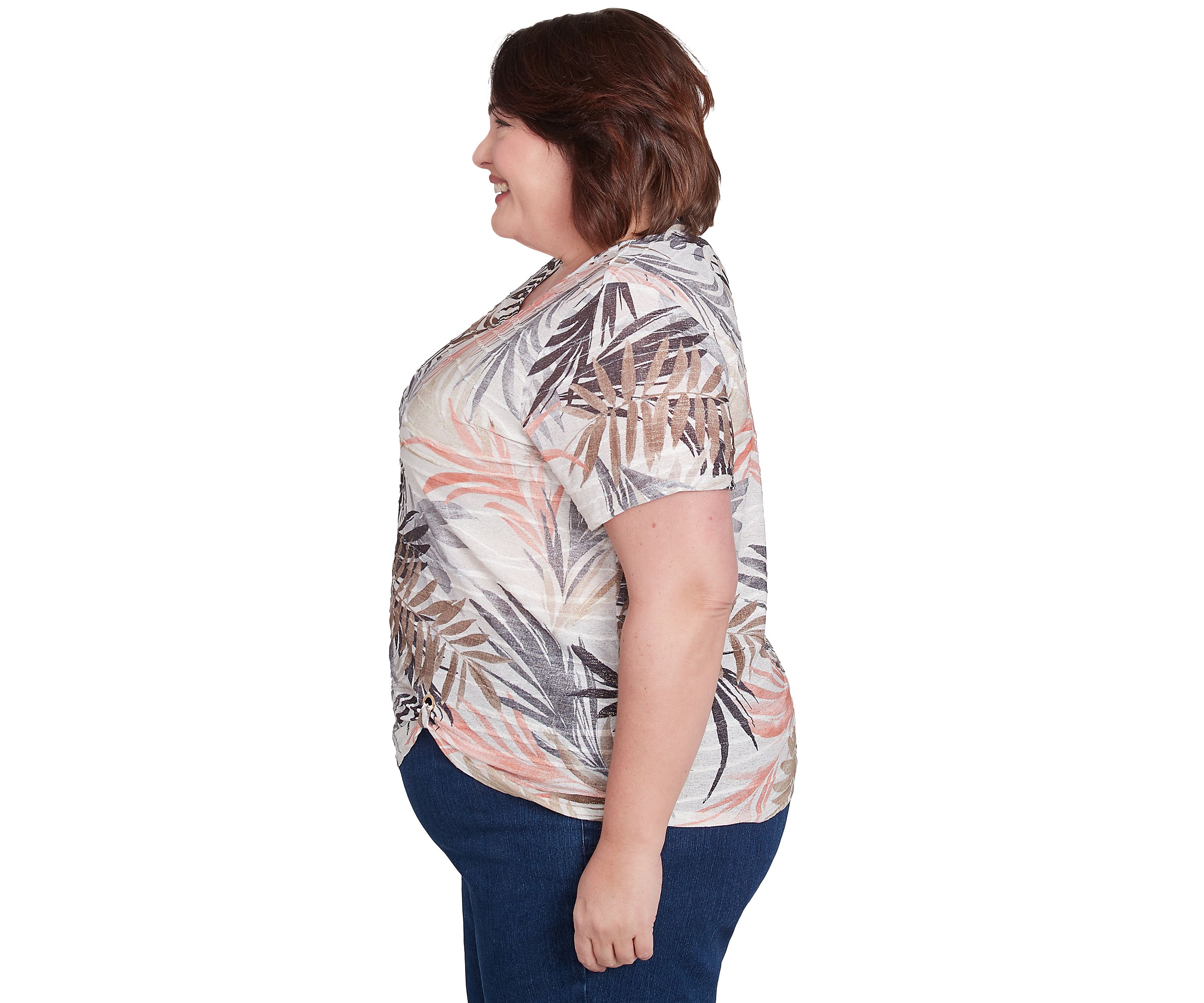Plus Size Key Palm Leaves Printed Top 