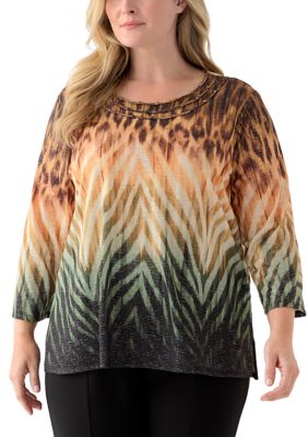 Alfred Dunner Women's Plus Size Ombre Animal Knit Top, Black, 3X