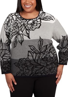Alfred Dunner Women's Plus Size Ombre Floral Sweater, Grey, 3X