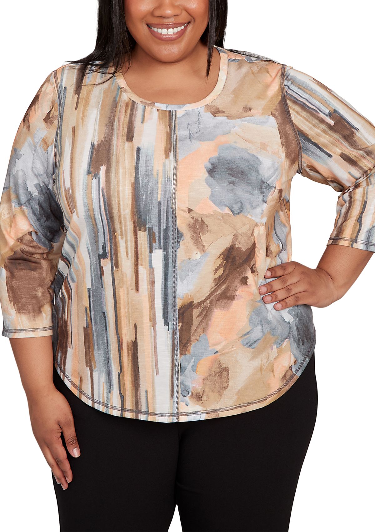 Plus Size 3/4 Sleeve Spliced Printed Top 