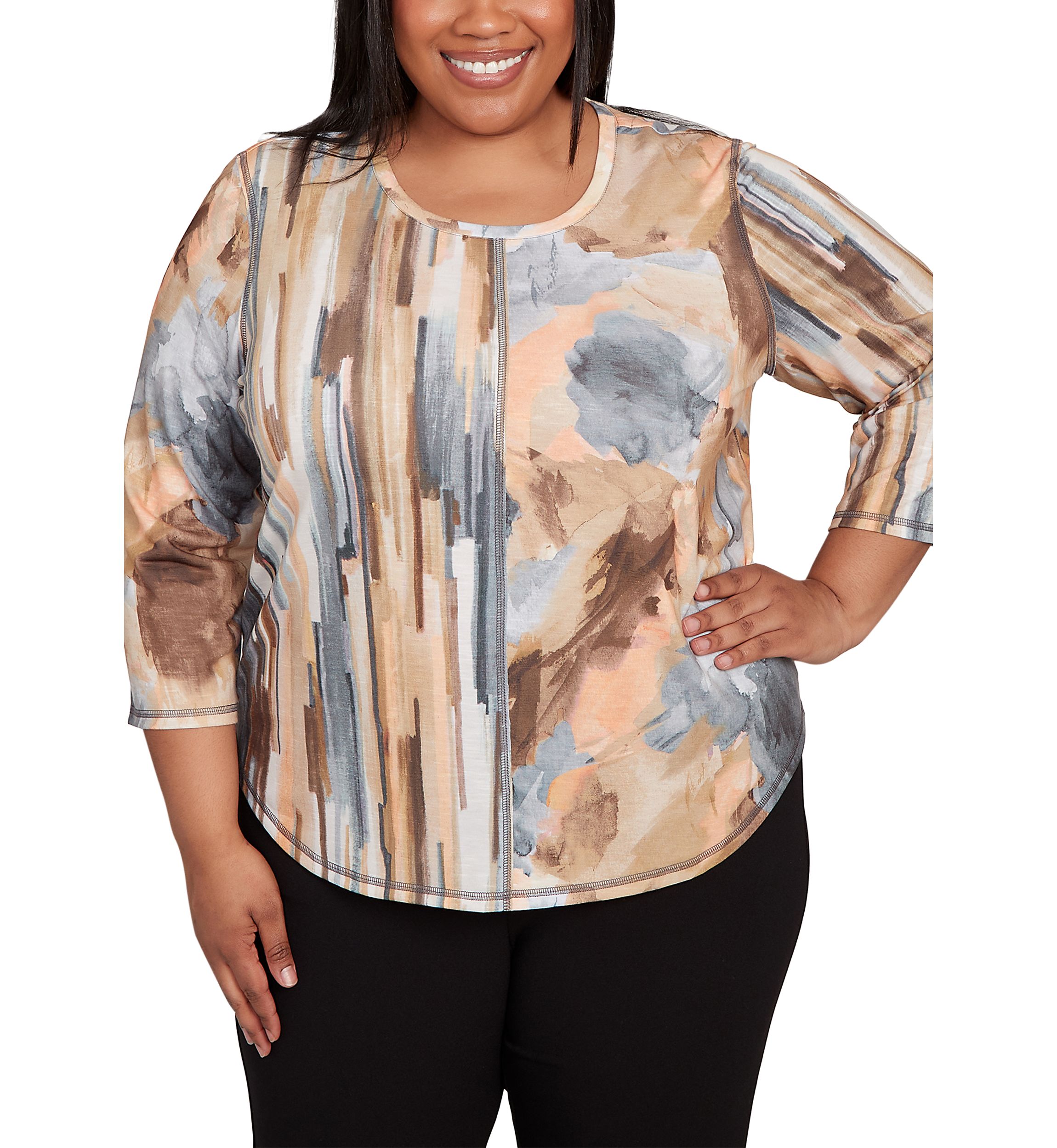 Plus Size 3/4 Sleeve Spliced Printed Top 
