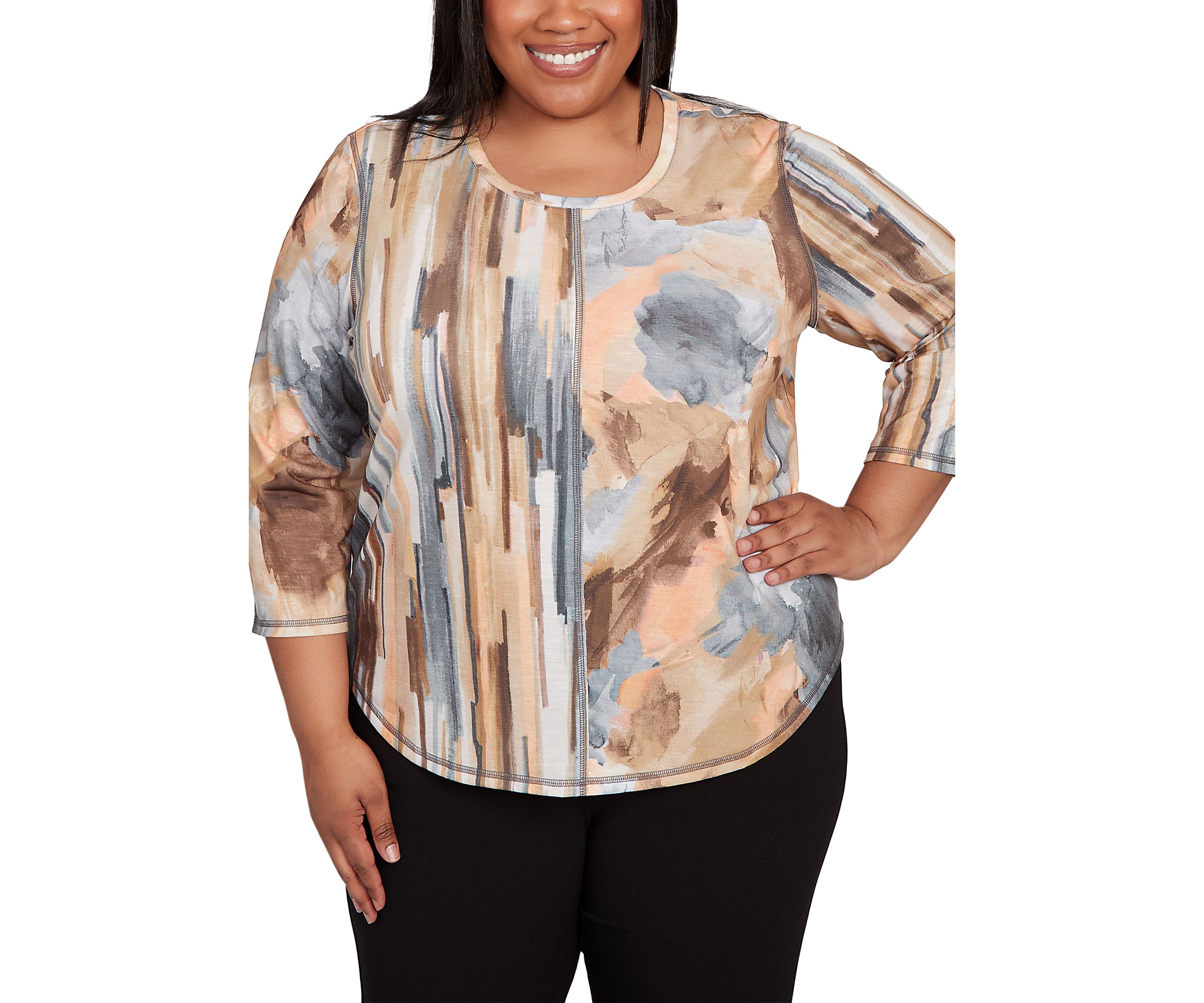 Plus Size 3/4 Sleeve Spliced Printed Top 
